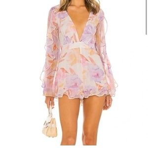 MAJORELLE Purple and Pink Floral Romper with Bell Sleeves